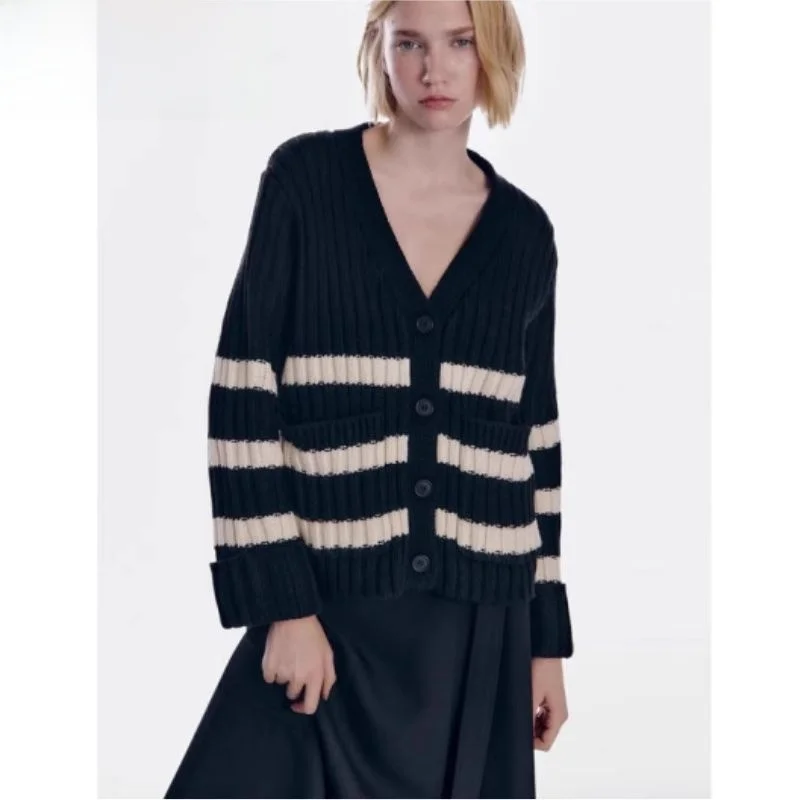 

Autumn Winter Women's Striped V-Ne Knitted Open Cardigan Casual Loose Long Sve Polyester Fiber Faion Sle 2023