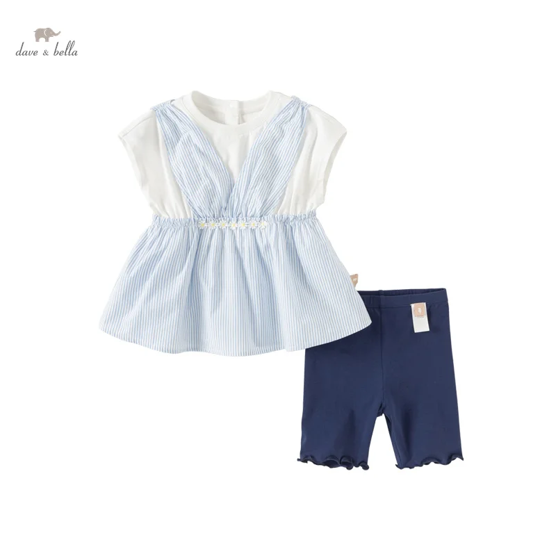 Dave Bella 2024 New Summer Children'S Girls Baby Two-Piece Girls Shorts Set Striped Charm Sweet Lovely Casual DB2241228