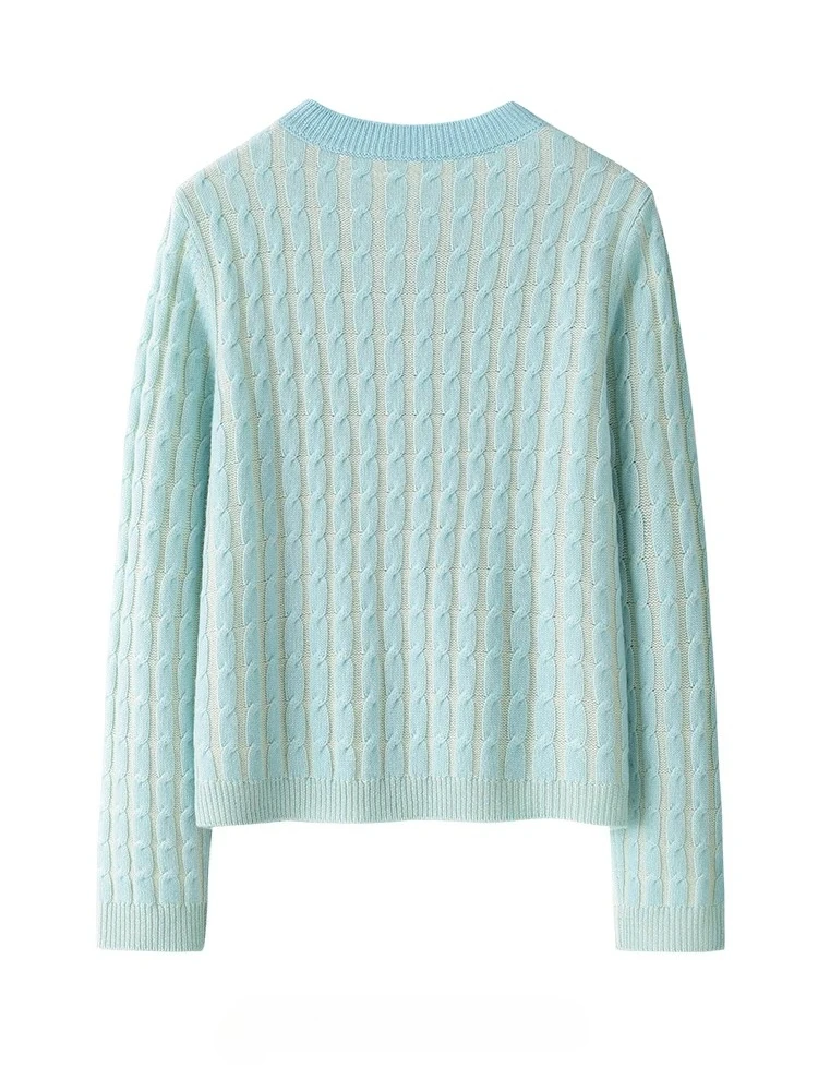 Primavera e outono novo produto suéter de lã, 100% lã de ovelha malha em torno do pescoço manga longa cardigan de malha