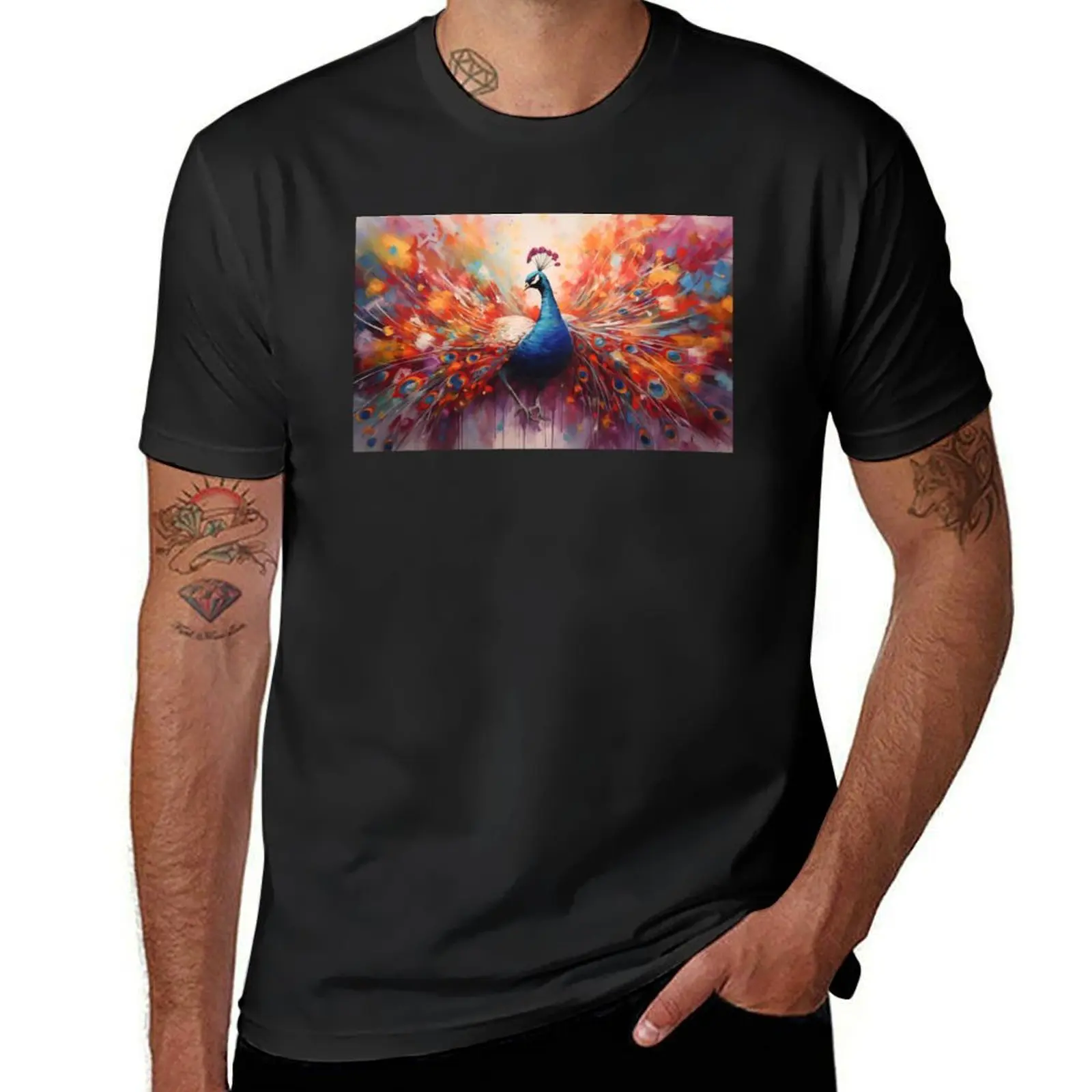 

Majestic Peacock: A Symphony of Abstract Colors T-Shirt summer tops quick drying sublime plain mens clothing