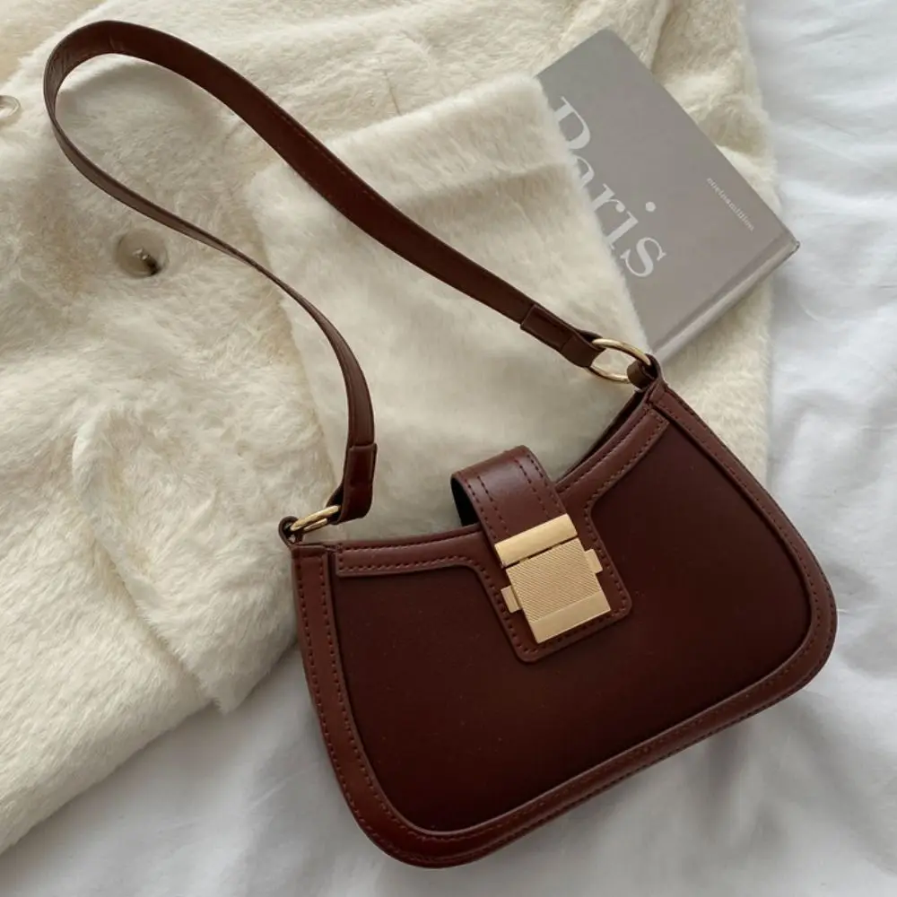 Vintage Trendy Ladies Underarm Shoulder Bag Solid Color Lacquer PU Leather Handbag Fashion Simple Female Purse