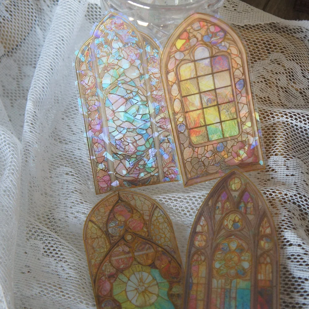 

10pcs Laser Diamond Pattern Flower Glazed Glass Window Style Paper Sticker Scrapbooking DIY Gift Decoration Tag