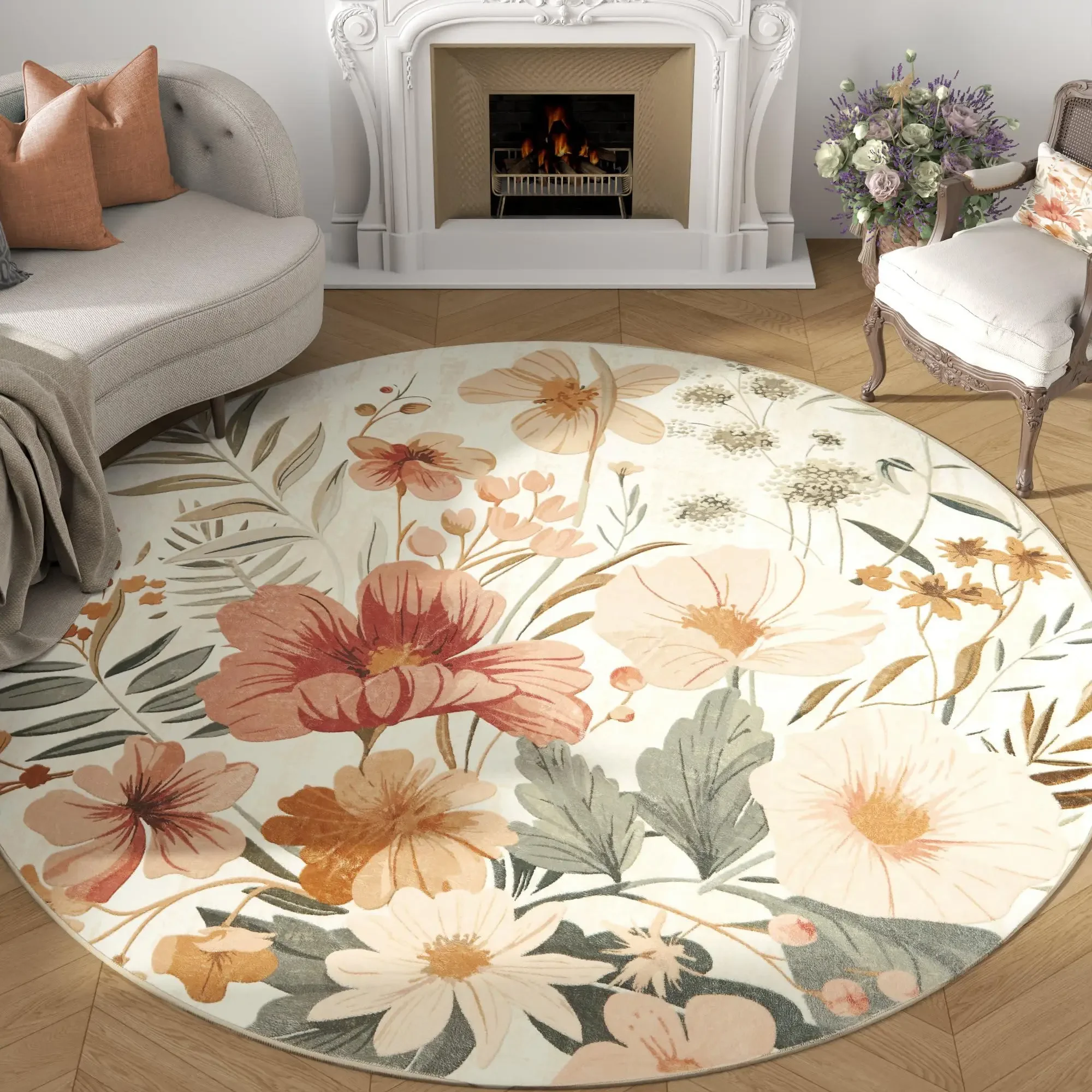 

Floral Round Rug – Modern Spring & Summer Flower Print, Washable Non-Slip Carpet for Living Room & Indoor Spaces