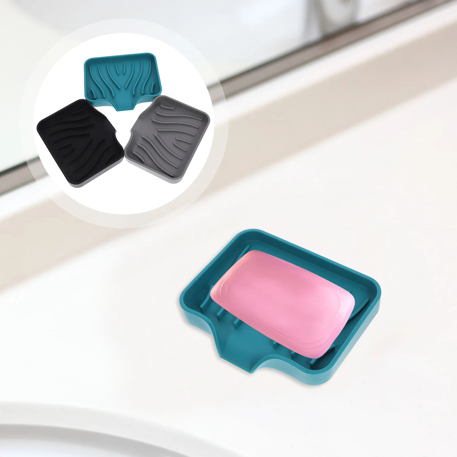 

3 Pcs Grey Silicone Soap Dish Drain Pad Storage Rack Sink Tray Kitchen Bathroom Shower Stand Holder