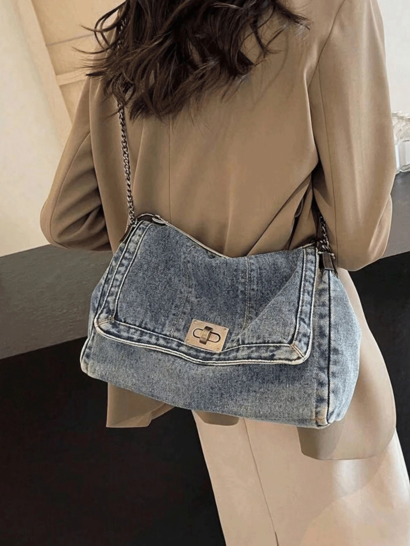 Retro Casual Denim Damen Tasche Neue Senior Kette Umhängetasche Große Kapazität Pendler Einkaufstasche – Detail 4