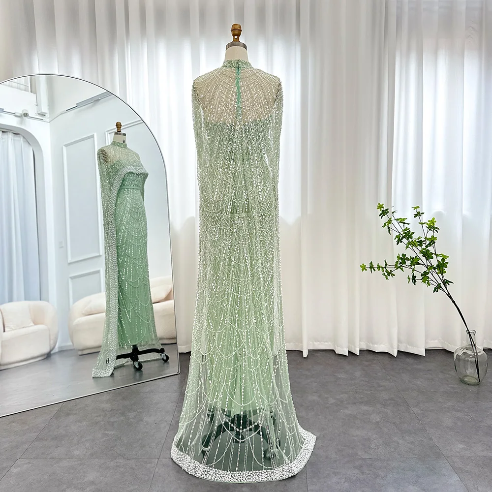 Sharon Said Luxus-Perlen Dubai Champagner Meerjungfrauen-Abendkleider mit Cape-Ärmeln Arabisches Hochzeits- und Abschlussballkleid SS369 Maßanfertigung – Detail 18