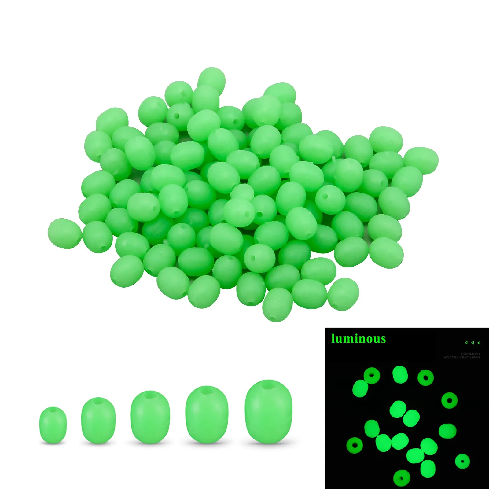 

100pcs Cylinder Luminous Glow Soft Fishing Beads with 5.2mm 6.2mm 7.2mm 8.3mm 10mm 5 Size Optional Sea Fishing Tackles