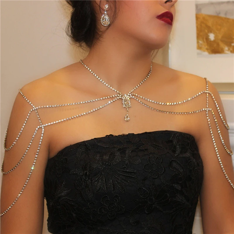 Fashion Unique Rhinestone Shoulder Chain Wedding Bridal Jewelry Sexy Shoulder Body Chain Bling Crystal Water Drop Necklace