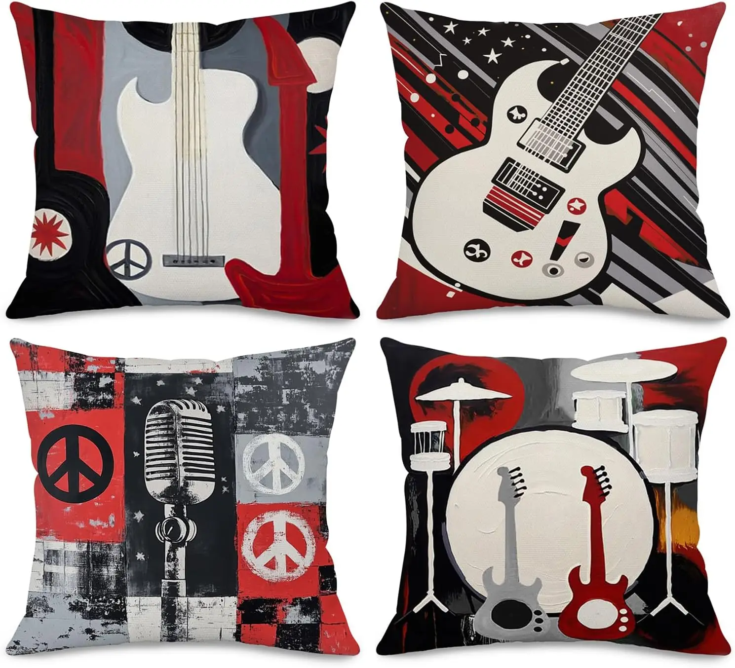 Music Theme Pillow Covers – Guitar & Mic Art 4-Pack Cushion Covers for Living Room, Bedroom, Music Lover Décor