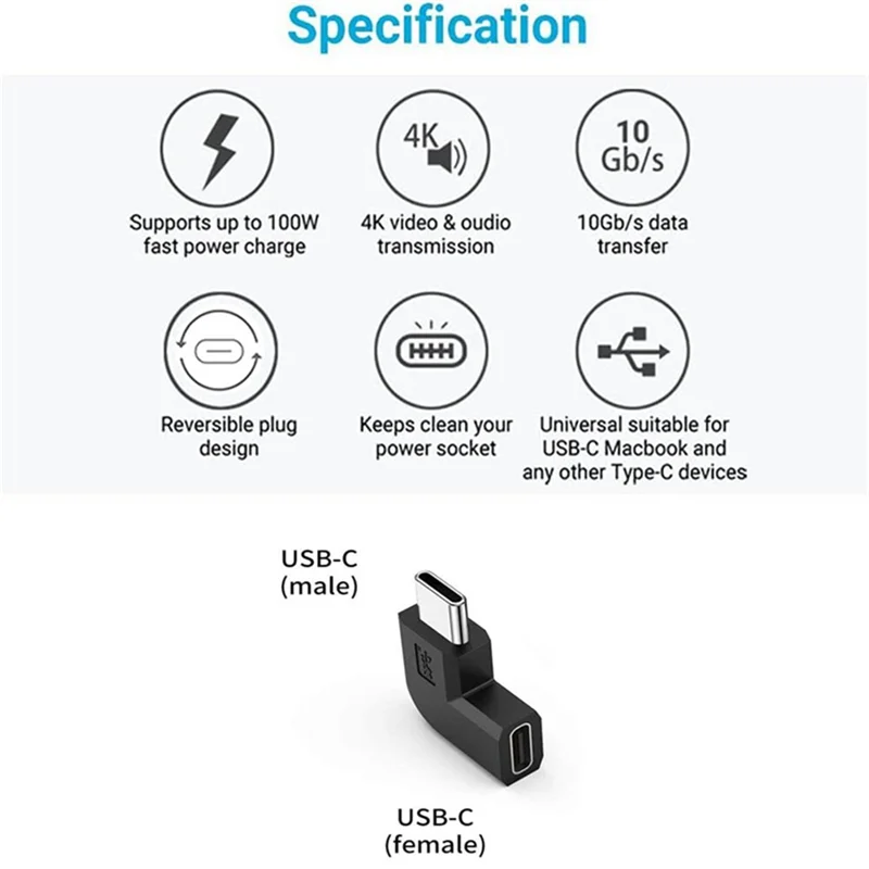 2 قطعة 90 درجة الزاوية اليمنى USB 3.1 نوع C ذكر إلى أنثى محول