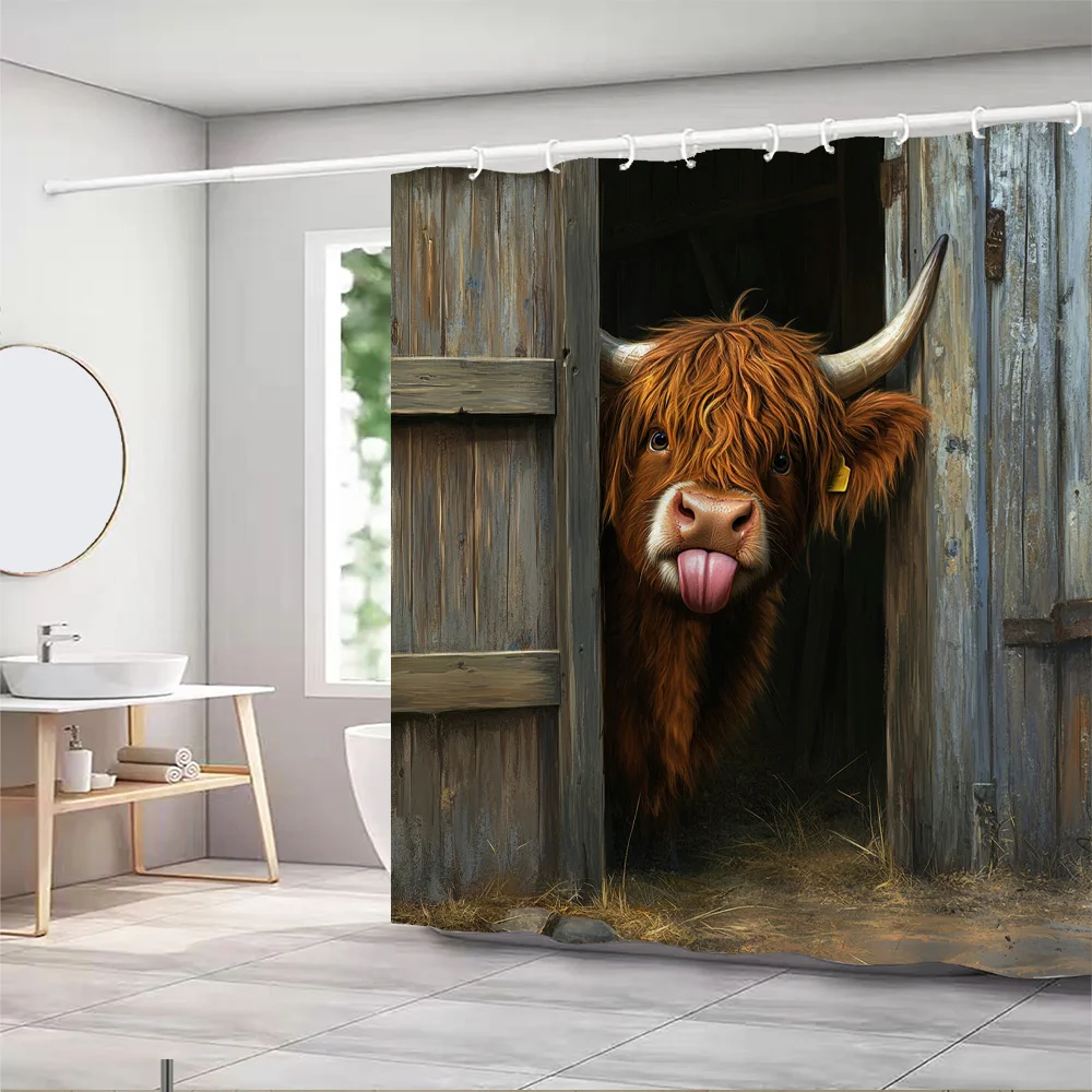 Funny Highland Cow in Barn Shower Curtain Waterproof Easy to Clean Privacy Protection Print Farm Animal Art Design Rustic12kooks