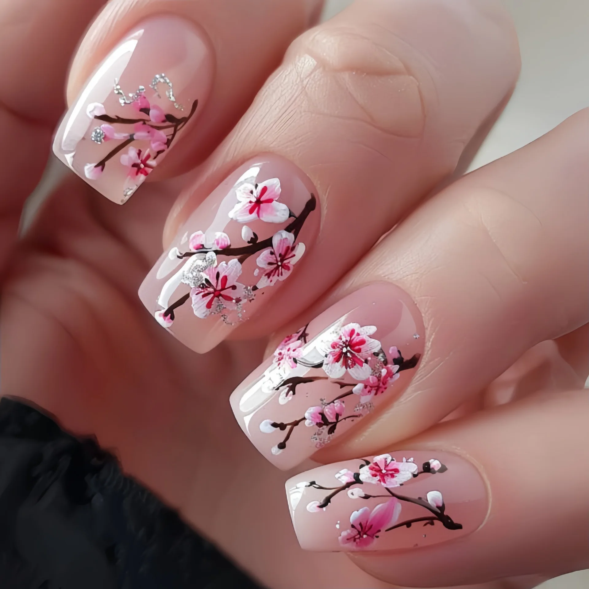 

24pcs Flower Design Stick on False Nails Mid-length Square Acrylic Press on Nails Tips Datachable Nude Fake Nail with Jelly Glue