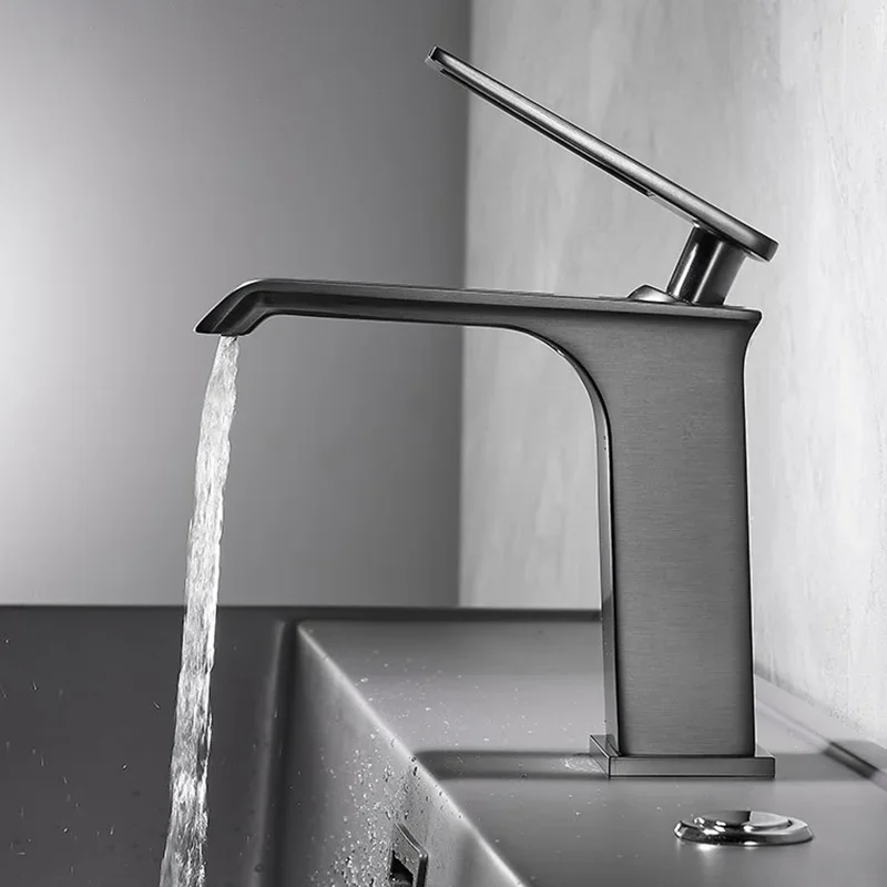 Light Luxury Gun Grey Waterfall Undercounter Basin Faucets Single Handle For Metal Bathroom Sink Taps Hot And Cold Water Mixing