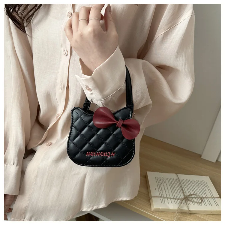 Schöne Damenhandtasche mit Katzenmuster, modische Umhängetasche mit Rautenmuster, süße Umhängetasche mit Schleife – Detail 7