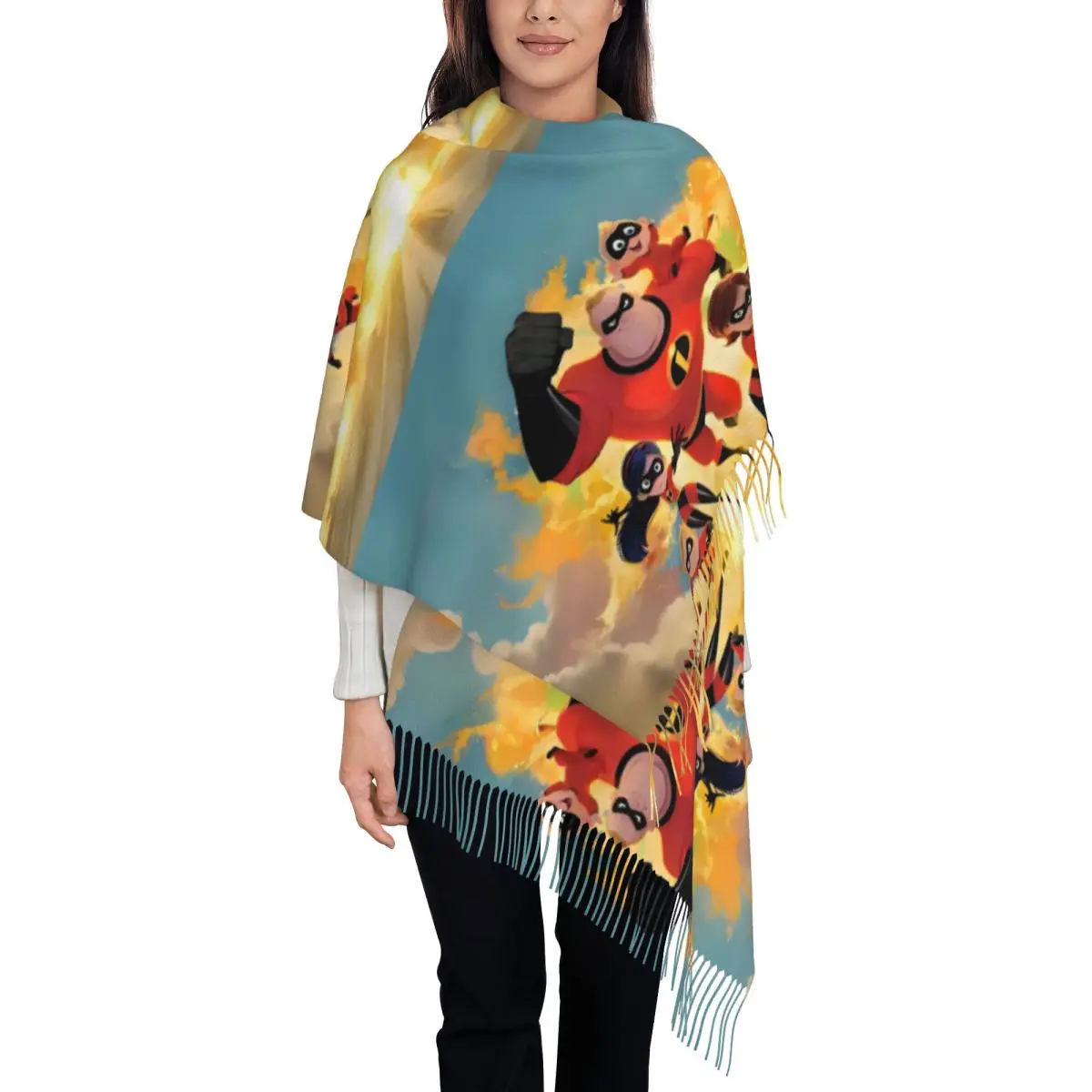 

Custom Luxury The Incredibles Superhero Film Tassel Scarf Women Winter Fall Warm Shawls Wraps Lady Cartoon Anime Cute Scarves