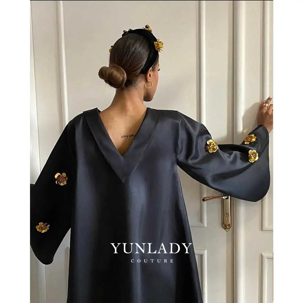

YUNLAN Korean Black Satin Long-Sleeved Evening Gown, Luxurious Saudi Lady Special Occasion Formal 3D Floral Ball Robe