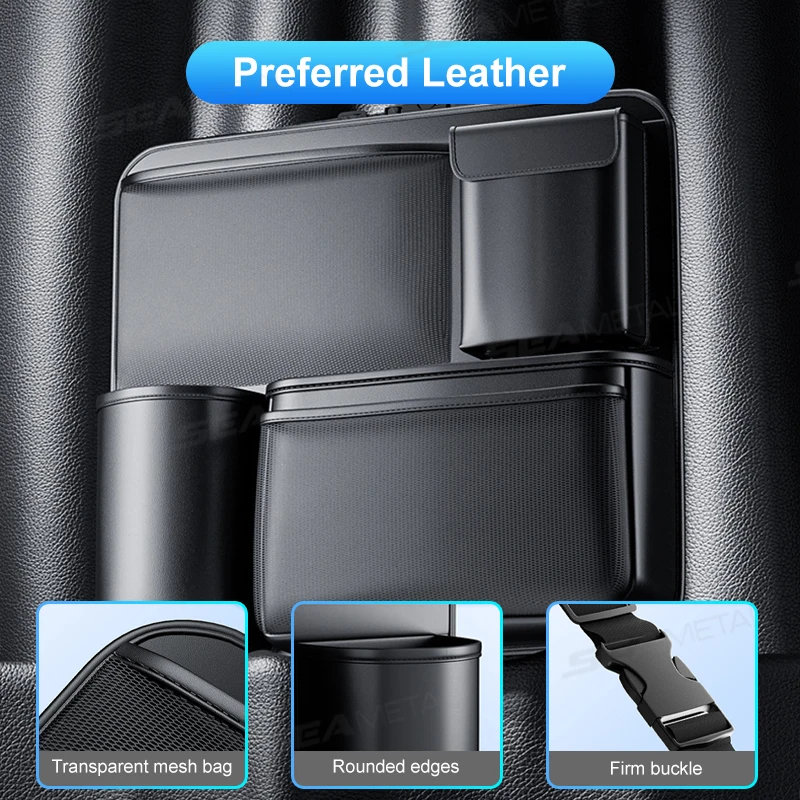 SEAMETAL SUV/MPV Trunk Storage Bag Wear-Resistant PU Leather Car Organizer Hook-and-Loop Fastener Auto Seat Back Storage Pouch