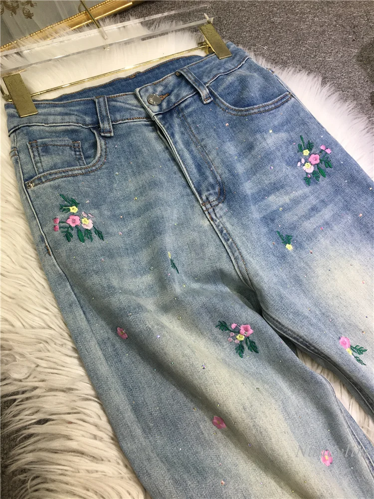 Heavy Embroidery Hot Drilling Jeans Women's National Style Handmade Embroidered High Waist Slimming Light Blue Straight Pants