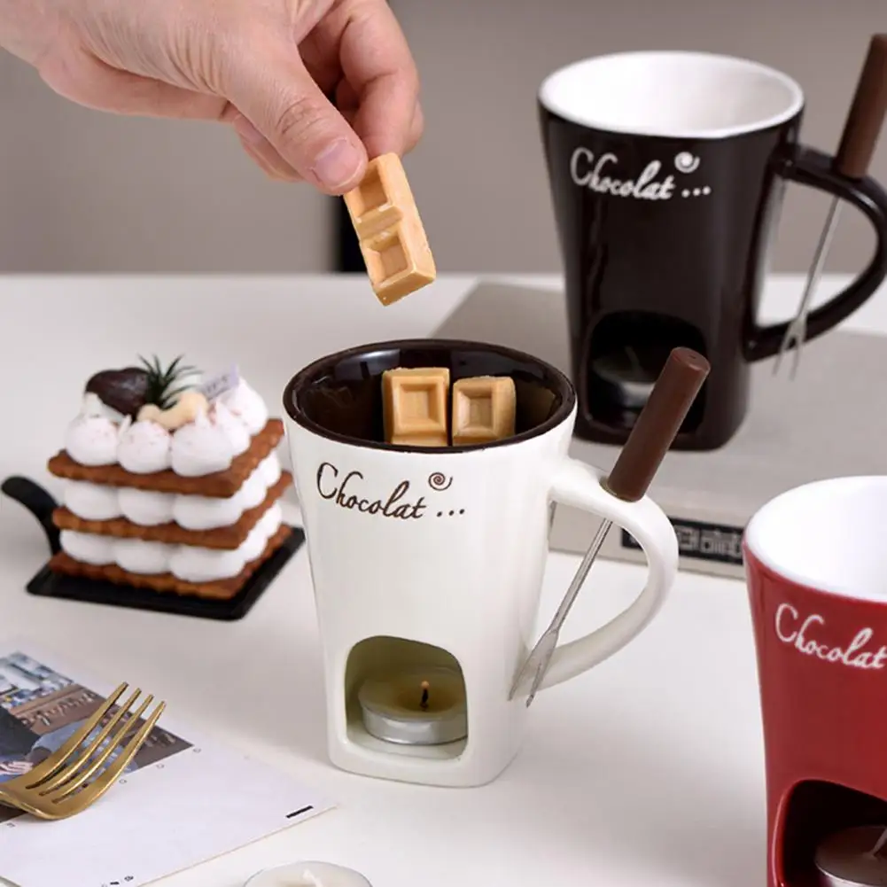 Chocolate Fondue Mug 130ml Ceramic Chocolate Fondue Coffee Cup with Forks Melting Mugs for Cheese Butter Versatile Melting Cup