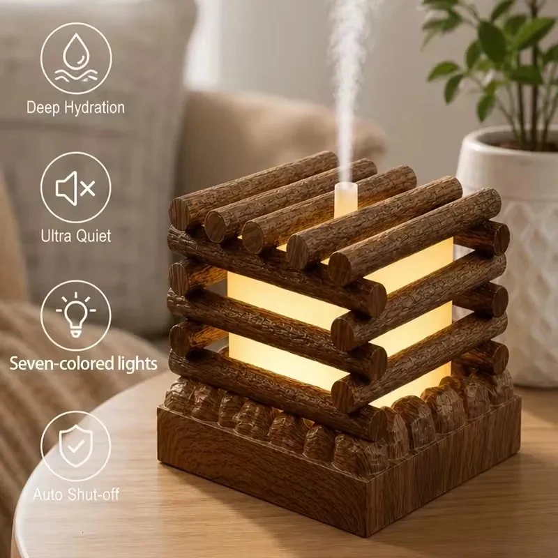Simulated Firewood Cabin Aroma Diffuser Ultrasonic Atomization with Color Gradient Ambient Light for Home Bedroom Decor