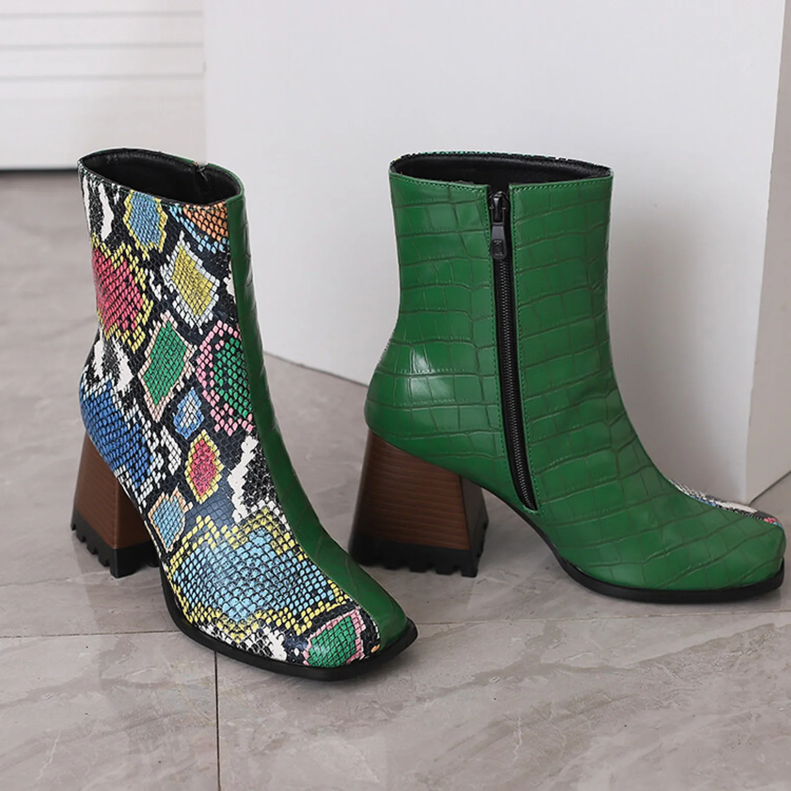 منتصف العجل أحذية الكاحل للنساء ، الأحذية الجلدية ، اصبع القدم مربع ، عالية الكعب مكتنزة ، خليط كولوردروب ، نمط متعدد ، أحذية قصيرة للسيدات #5
