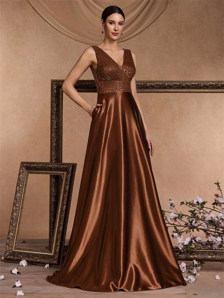 

XUIBOL Elegant Pockets Patchwork Sequins Formal Evening Dresses Women V-neck Satin Graduation Cocktail Party Floor Length Gowns