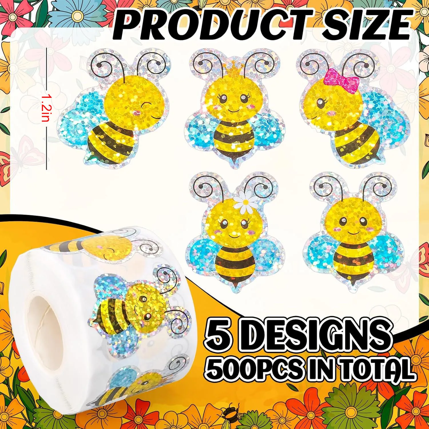 500 Pcs Bee Stickers Roll Laser Bumble Bee Seal Stickers Cartoon Animal Waterproof Self-Adhesive Reward Decals for Jars Bottle - view 2