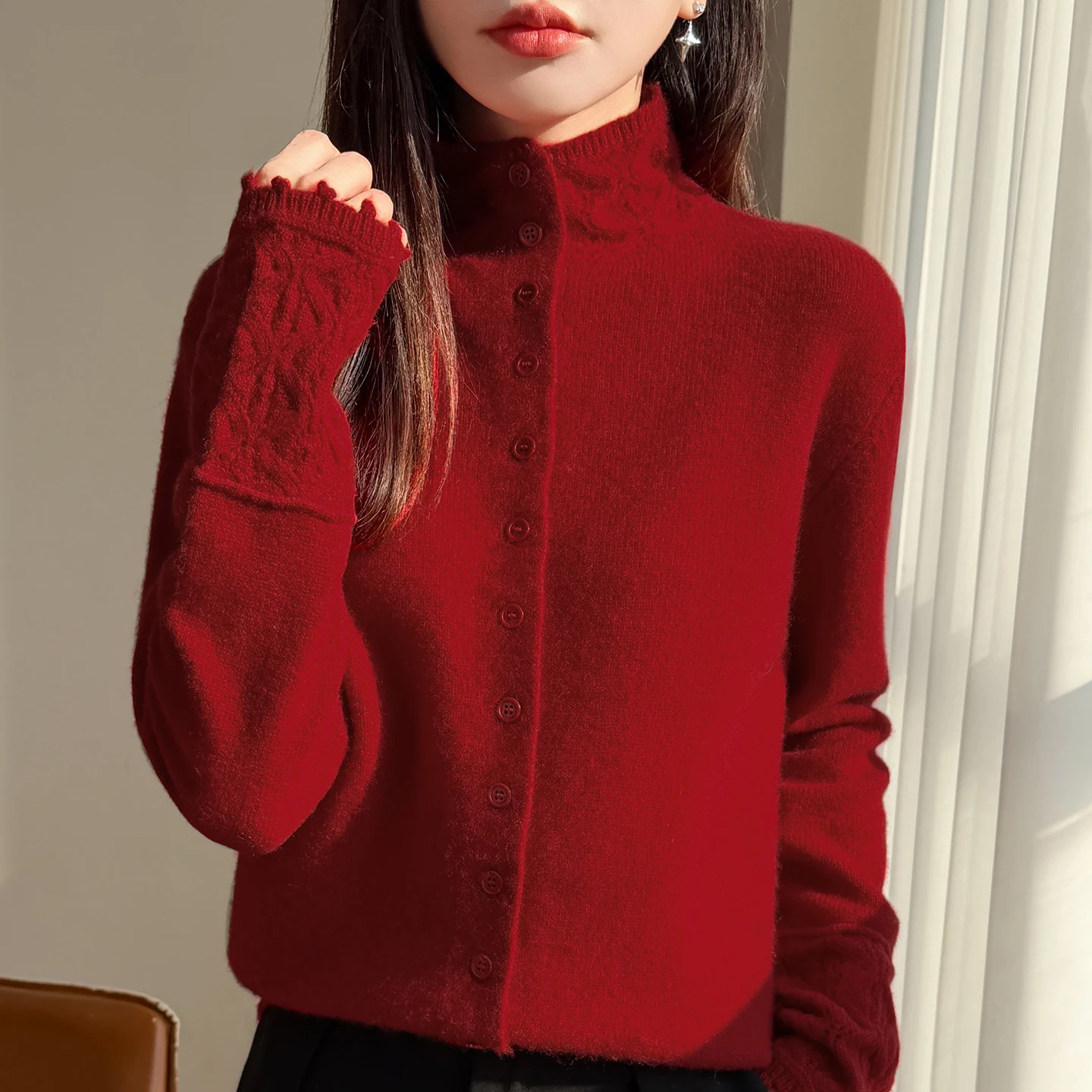 

Thiened Hollow out Knitted f High Collar Sweater Coat for Women Winter New Sle Red Old Money Sle Long Sve Top