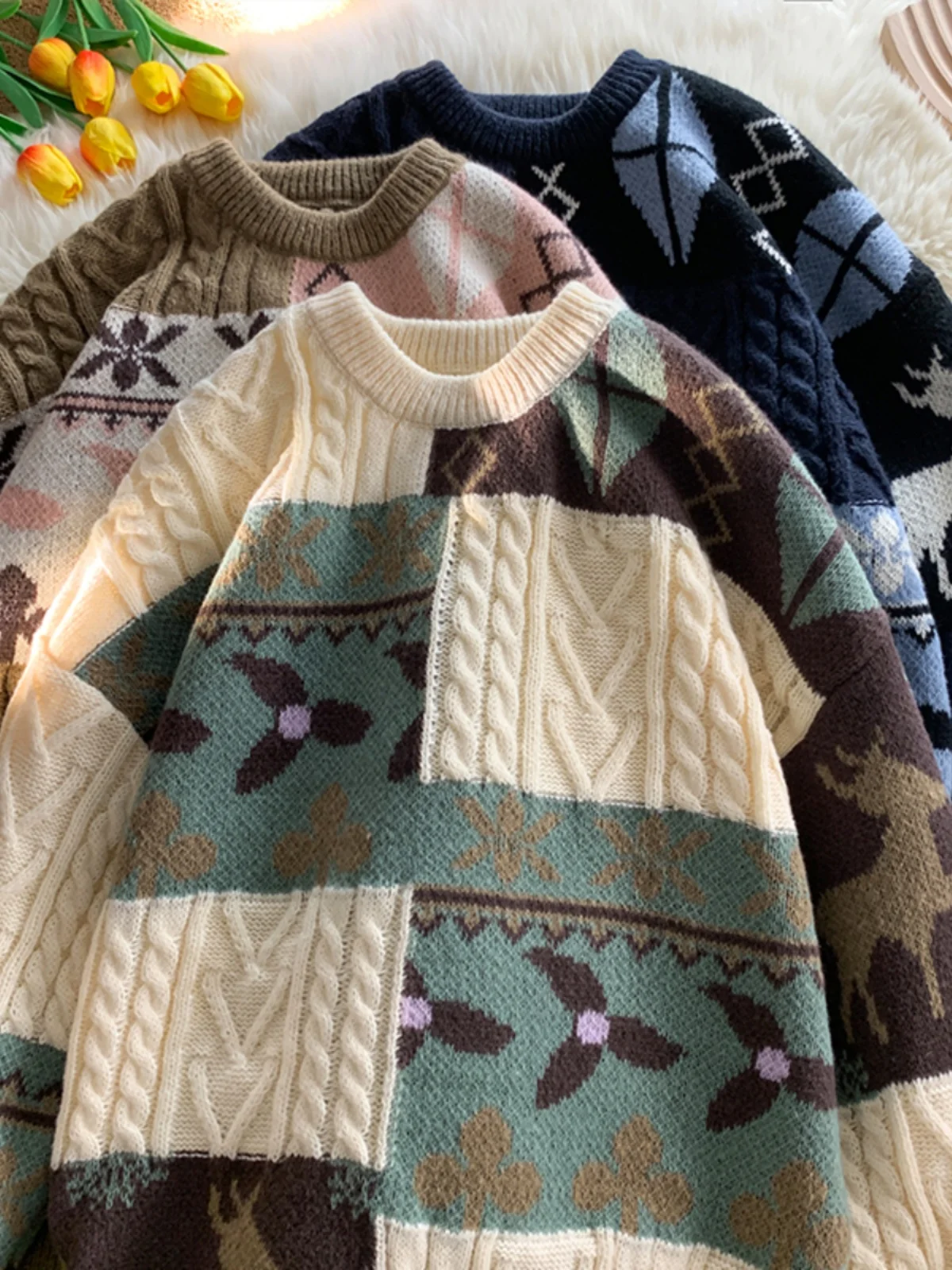 

Cisas Fce Lined round Ne Knitwear Men's Casual Retro American Sle Couple Match Autumn Winter Thiened Long Sve...