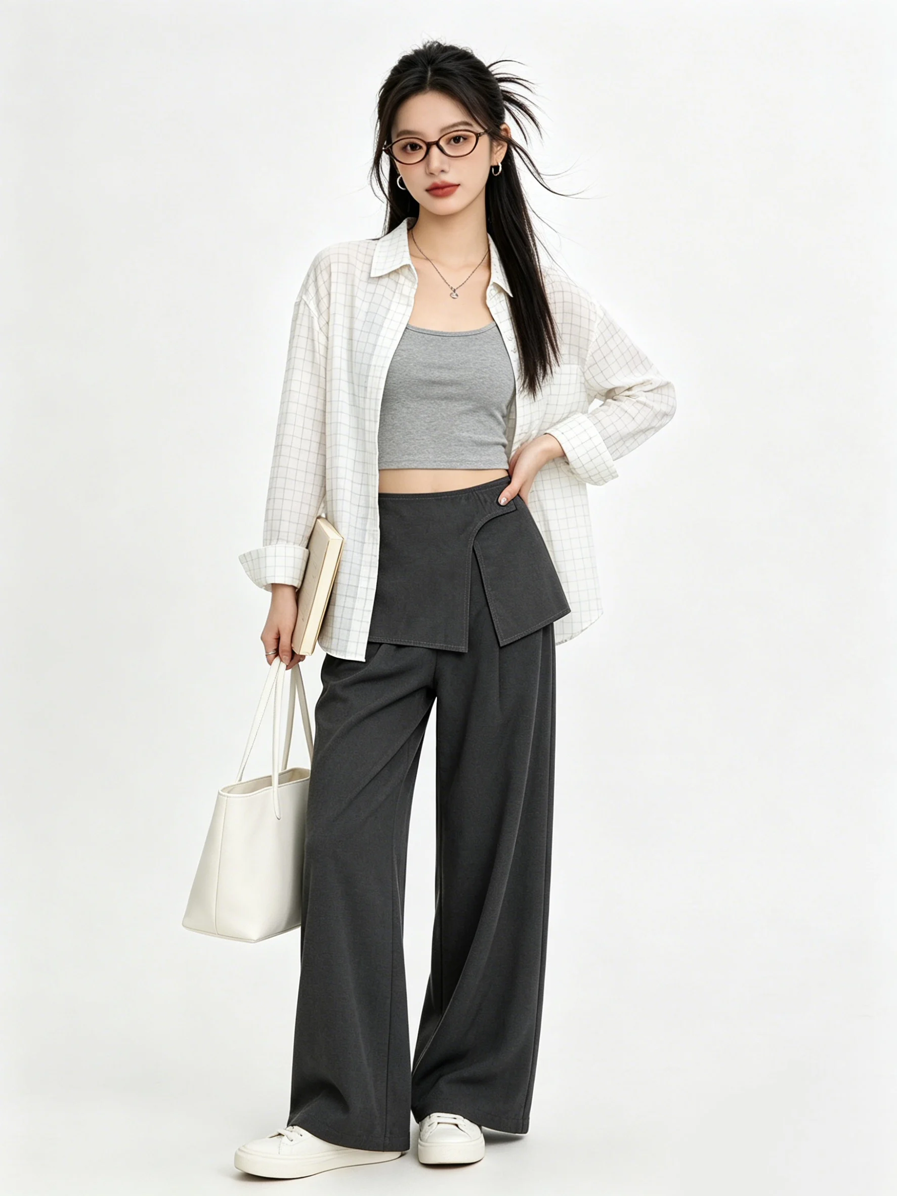 

Deep Grey Vintage Korean Wide Leg Pants Layered Casual Drapey Design Slimming Loose Fit Versatile Spring Season Women's Wear