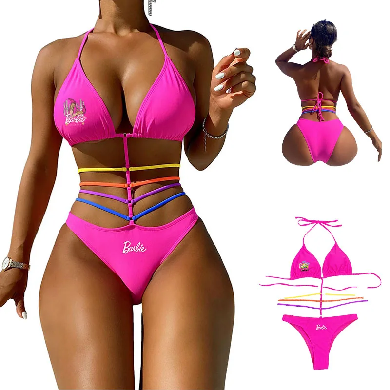 European American Sexy and Fashionable Barbie Colorful Halterneck Bikini, Comfortable, Breathable High-Looking Beach Swimsuit