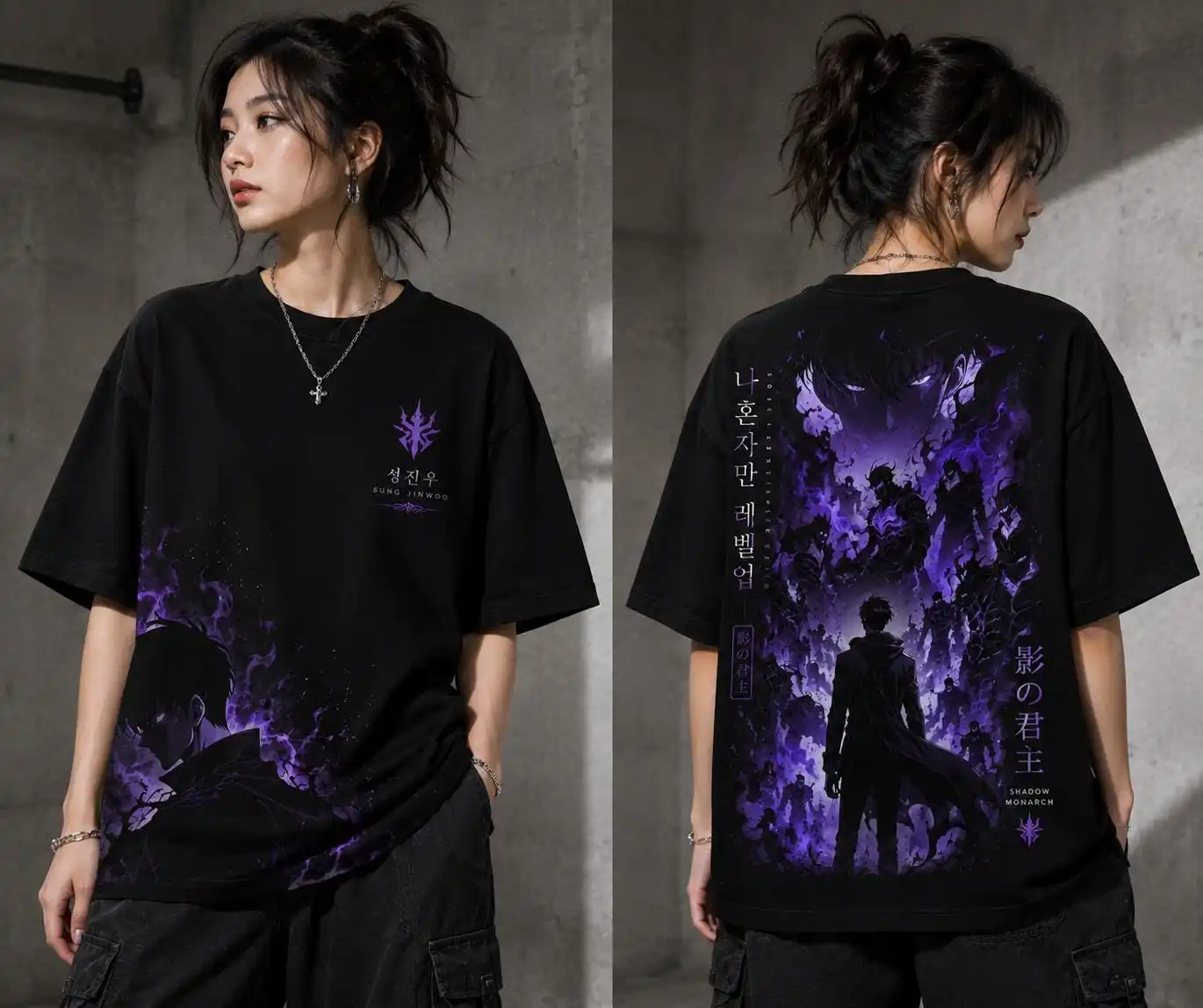 Purple Shadow Monarch Warrior Double Sided Print T Shirt Unisex Retro Manhwa Graphic Oversized Loose Cotton Harajuku Streetwear