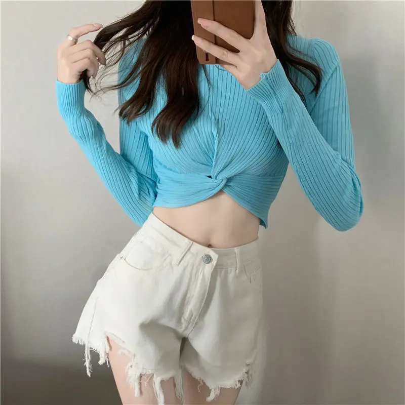 

Summer Long Sleeve T-shirt Woman Y2K Sexy Cross Tee Shirt Femme Korean Fashion Crop Top Women Clothes Tshirts for Teen Girls