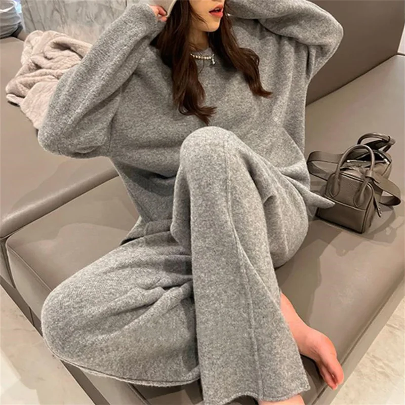 Fall Winter New Women's Fashion Solid Cozy Knit Set Round Neck Pullover Sweater Loose Wide Leg Ropa Mujer