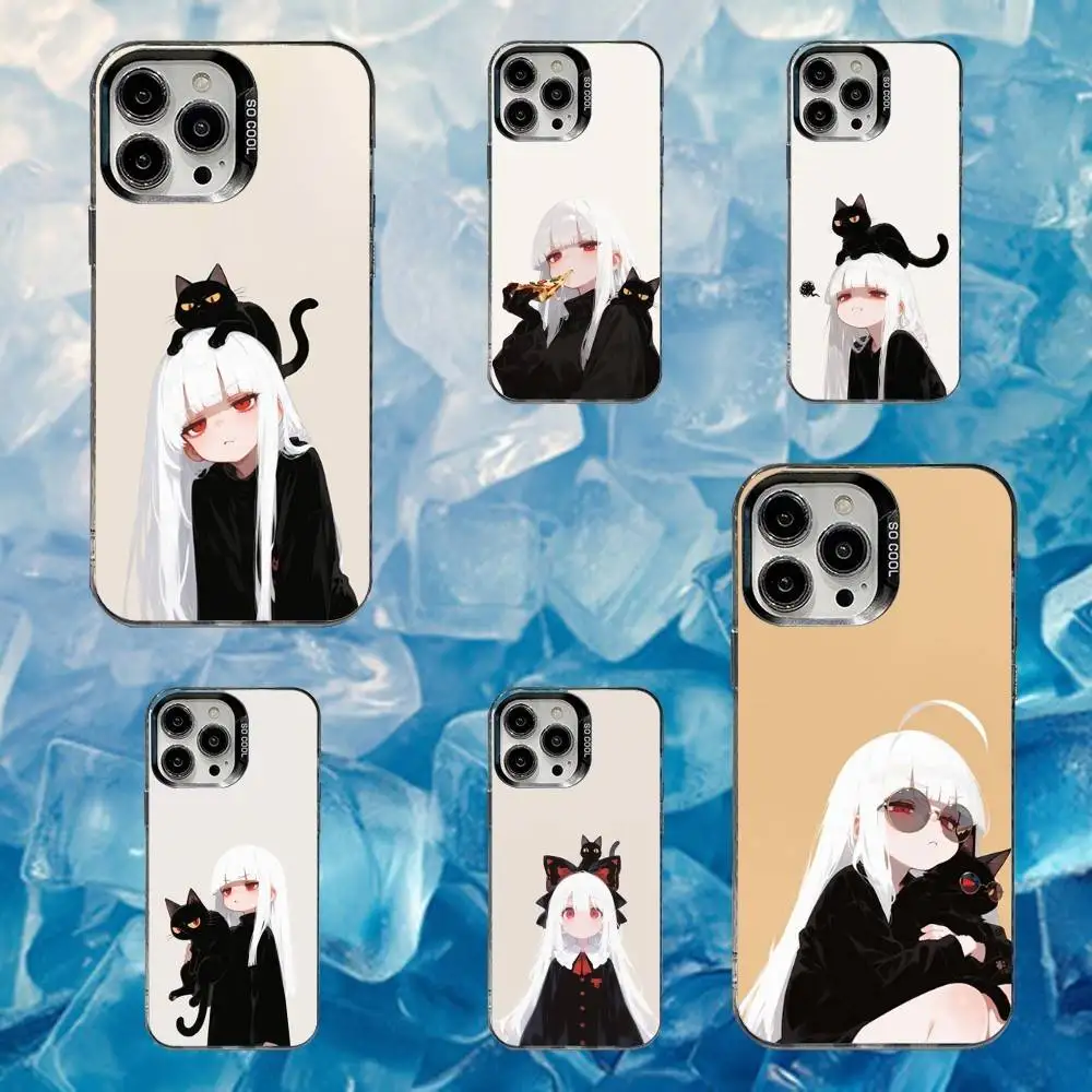 

Cute Black Cat Girl Phone Case For iPhone 16,15,14,13,12,11,Mini,Pro,SE,MAX White Matte Shockproof Cover