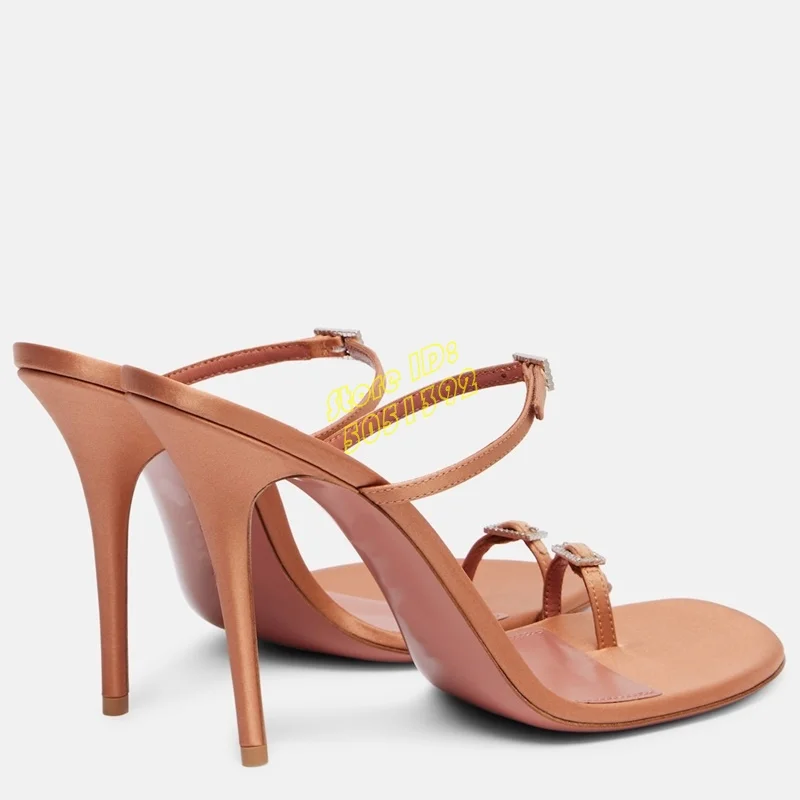 

Buckle Strap Thin High Heel Slippers Open Toe Tan Leather Slip On Stiletto High Heel Summer Women Dress Shoes Blue Red Handmade