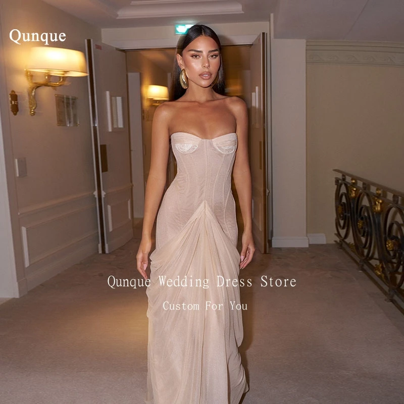 

Qunque Beach Chiffon Evening Gowns A-line Vestidos De Gala Sleeveless Sweetheart Pleated Lace Robe De Soirée Femme Customized