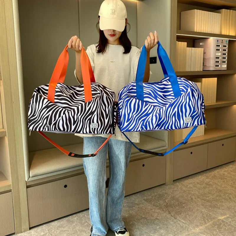Zebra-Stripe Travel Bag Folding Sports Short Travel Luggage Duffle Shoulder Bags Women Large Capacity Yoga Gym Bag