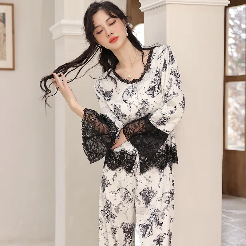 

O-Neck Nightgown Women Pajamas Suit With Trousers Sexy Rayon Home Clothes Lace Patchwork Sleepwear Long Sleeve Loungewear