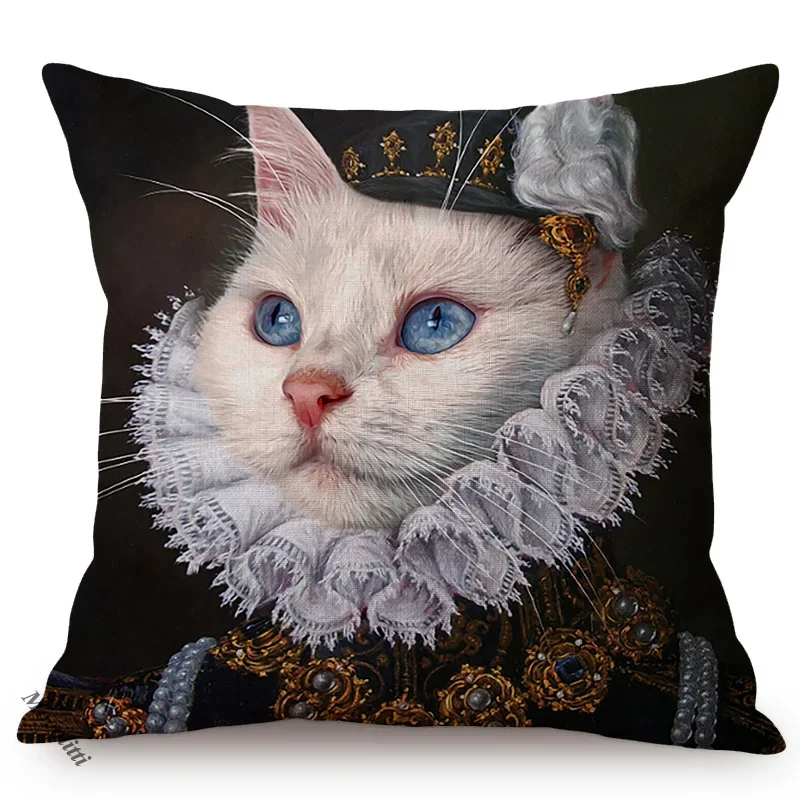 Cat Funky Animal Portrait Europe Renaissance Oil Painting Posters Style Decorative Throw Pillow Cases Linen Sofa Cushion Cover