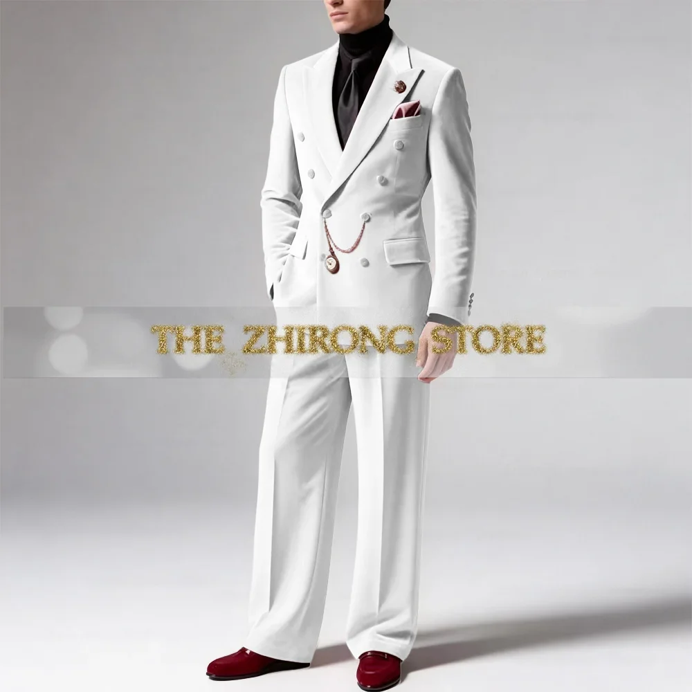 Elegant Pink Velvet Men's Suit Double Breasted Peaked Lapel 2pcs Jacket Pants Luxury Set for Wedding Prom After-party Customized