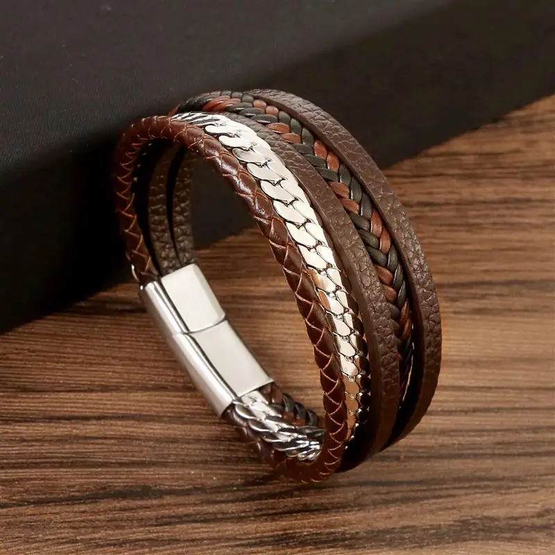 Fashion New Style Stainless Steel Men\'s Leather Bracelet Hand-woven Multi-layer Combination Accessory Classic Bracelet Big Sale