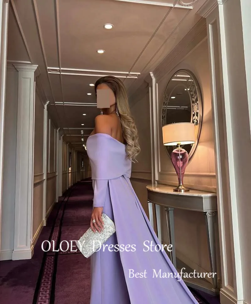 OLOEY Simple Lavender Evening Dresses Saudi Arabic Women Stretch Satin Long Sleeves Formal Party Occasion Gowns Vestidos 2024