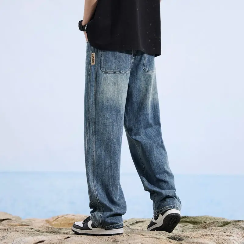 Stretch-Jeans für Herren, Baumwolle, Qualität, weich, locker, weite Hose, elastische Taille, lässige Denim-Hose, Streetwear, Baggy-Jeans für Herren, Sommer