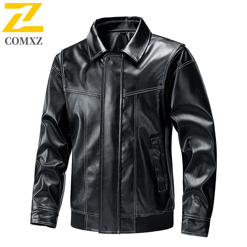 COMXZ PU Leather Jacket Men New Premium Loose Camping Leather Coat Fashion Turndown Collar Street Style Comfort Outerwear