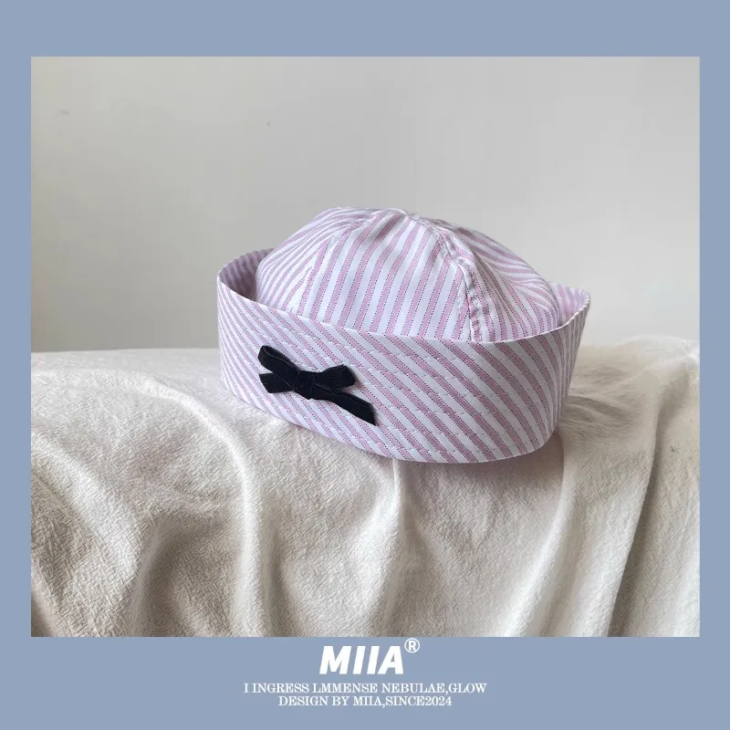 Japanese Sweet Striped Bow Decoration Jk Sailor Hat Spring and Summer Cute Flanged Versatile Dome Beret Cap Casquette Femme