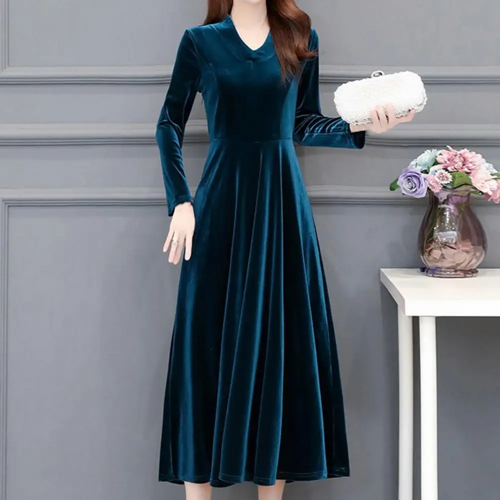 

Women Dress Solid Color Soft Long Sleeves Round Neck Big Hem Warm Mid-calf Length Lady Prom Dress Female Garment Velvet Dress