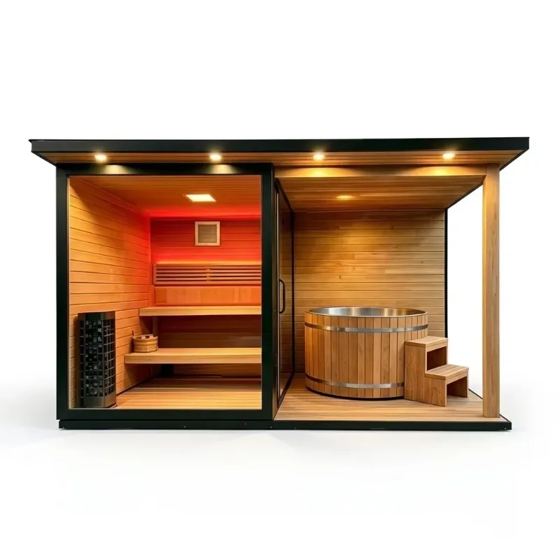 Custom made Modern Electric Backyard Garden Sauna & Cold Plunge Combo with Natural Wood Outdoor Ice Bath Tub