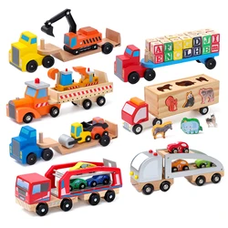 Transport Vehicle Engineering Vehicle Excavator Large Truck Cognitive Animal Vehicle Wooden Car Model Taxi Toy Car For Kids B174