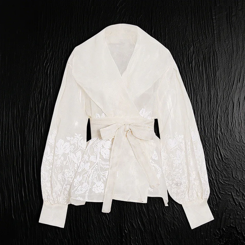 

Ele Vintage Court Sle Sexy Organza irt Women's Slim Fit Waist Cinched Tie Front High Collar Long Sve Busin Casu...